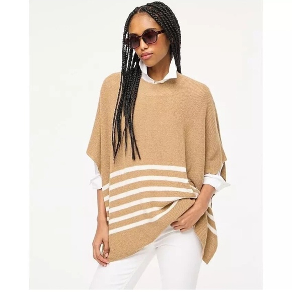 J.CREW One Size Tan White Mock Neck Poncho Stripe Pullover Sweater Kimono Sleeve - Picture 1 of 9